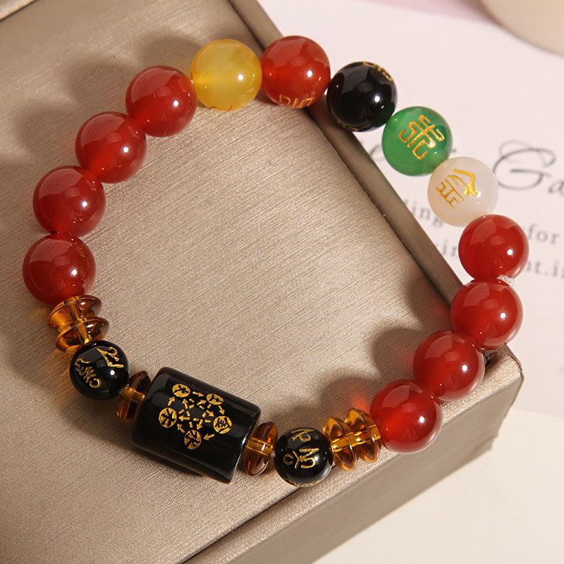 Bracelet de sagesse et de richesse en onyx noir et agate rouge avec cinq éléments de Buddha Stones