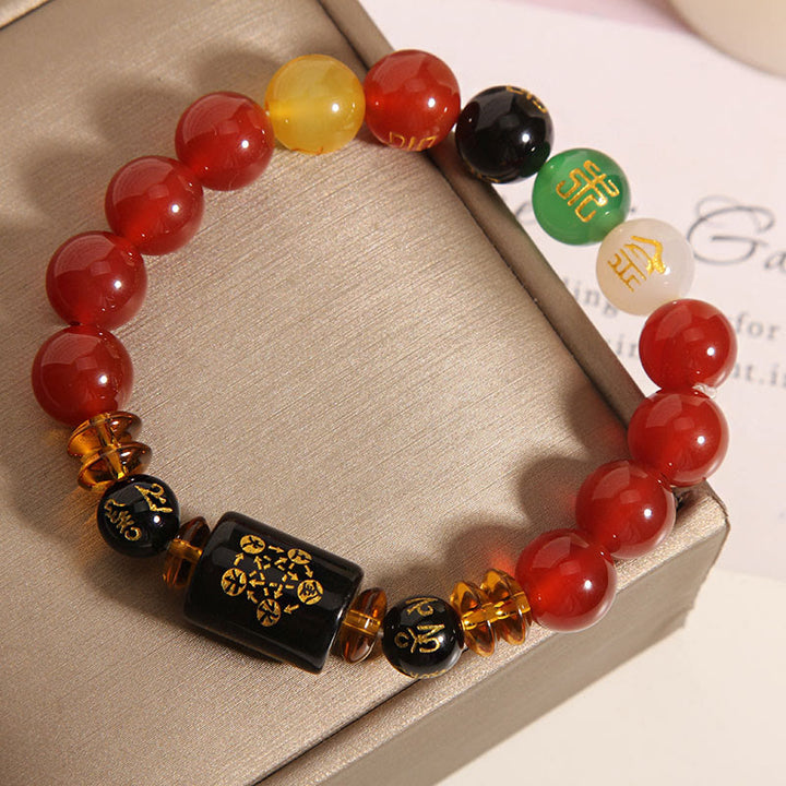 Bracelet de sagesse et de richesse en onyx noir et agate rouge avec cinq éléments de Buddha Stones