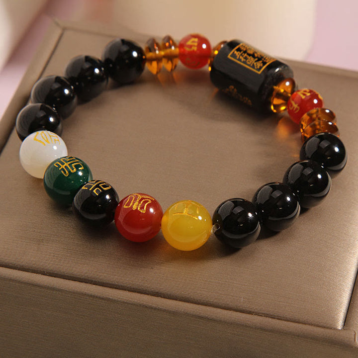 Bracelet de sagesse et de richesse en onyx noir et agate rouge avec cinq éléments de Buddha Stones