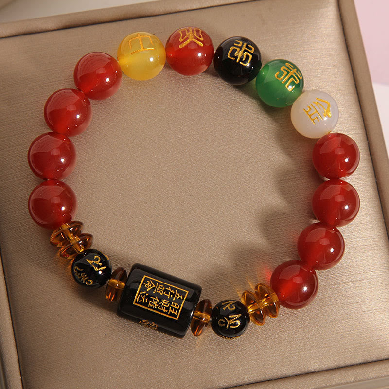 Bracelet de sagesse et de richesse en onyx noir et agate rouge avec cinq éléments de Buddha Stones