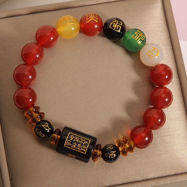 Bracelet de sagesse et de richesse en onyx noir et agate rouge avec cinq éléments de Buddha Stones