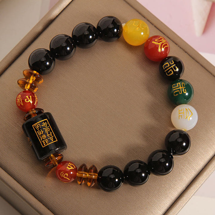 Bracelet de sagesse et de richesse en onyx noir et agate rouge avec cinq éléments de Buddha Stones