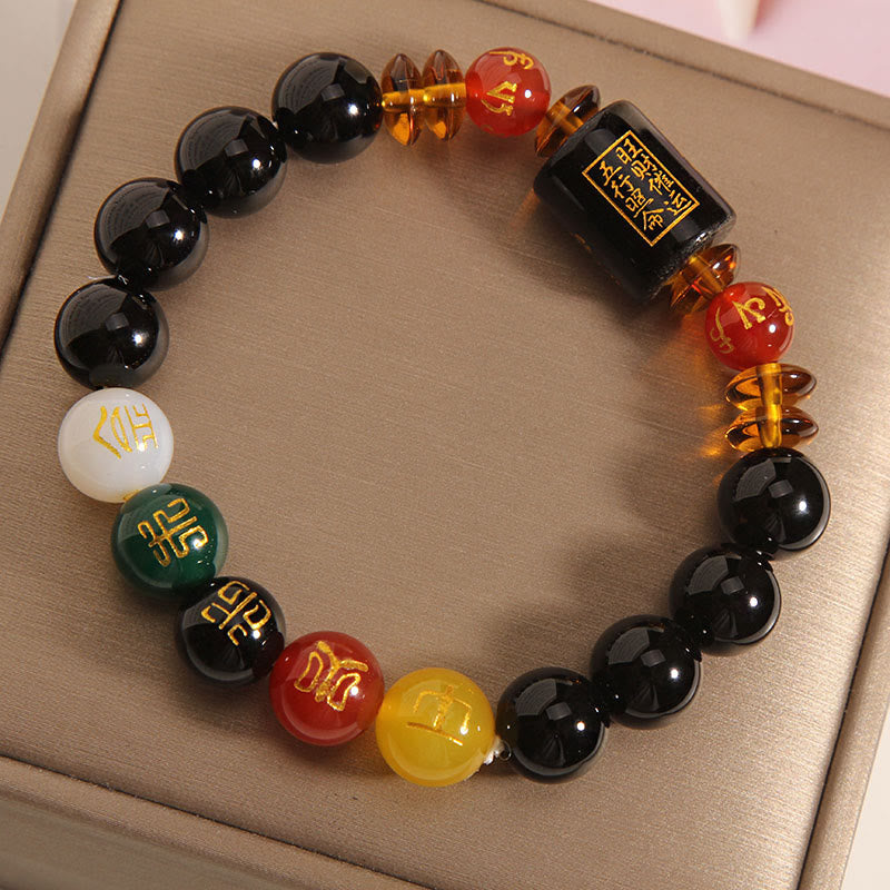 Bracelet de sagesse et de richesse en onyx noir et agate rouge avec cinq éléments de Buddha Stones