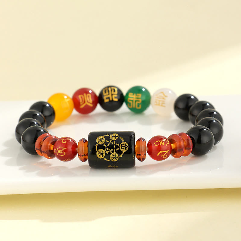 Bracelet de sagesse et de richesse en onyx noir et agate rouge avec cinq éléments de Buddha Stones