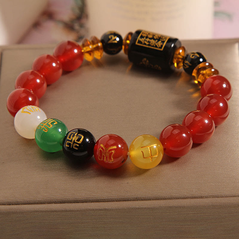 Bracelet de sagesse et de richesse en onyx noir et agate rouge avec cinq éléments de Buddha Stones