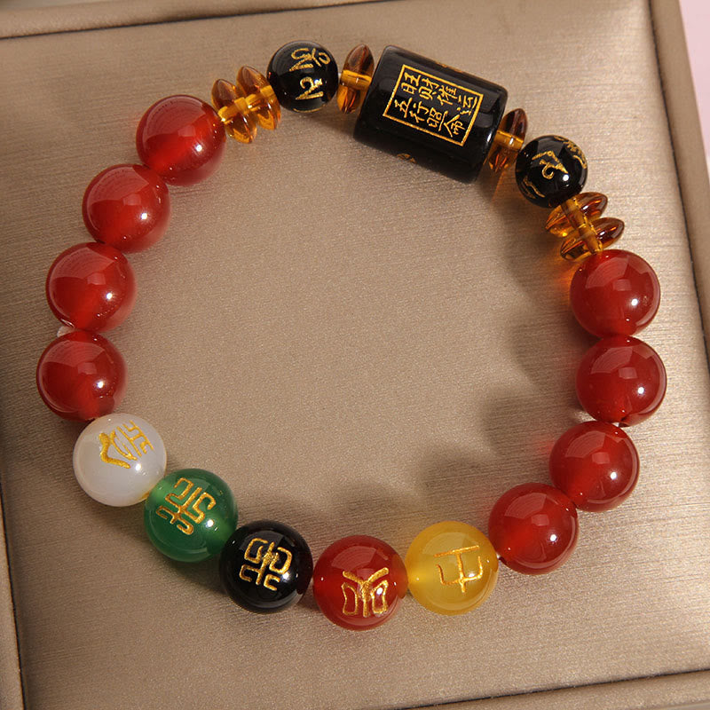 Bracelet de sagesse et de richesse en onyx noir et agate rouge avec cinq éléments de Buddha Stones