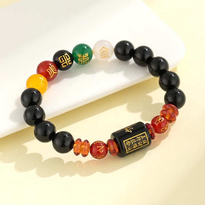 Bracelet de sagesse et de richesse en onyx noir et agate rouge avec cinq éléments de Buddha Stones