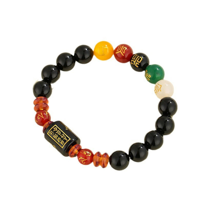 Bracelet de sagesse et de richesse en onyx noir et agate rouge avec cinq éléments de Buddha Stones