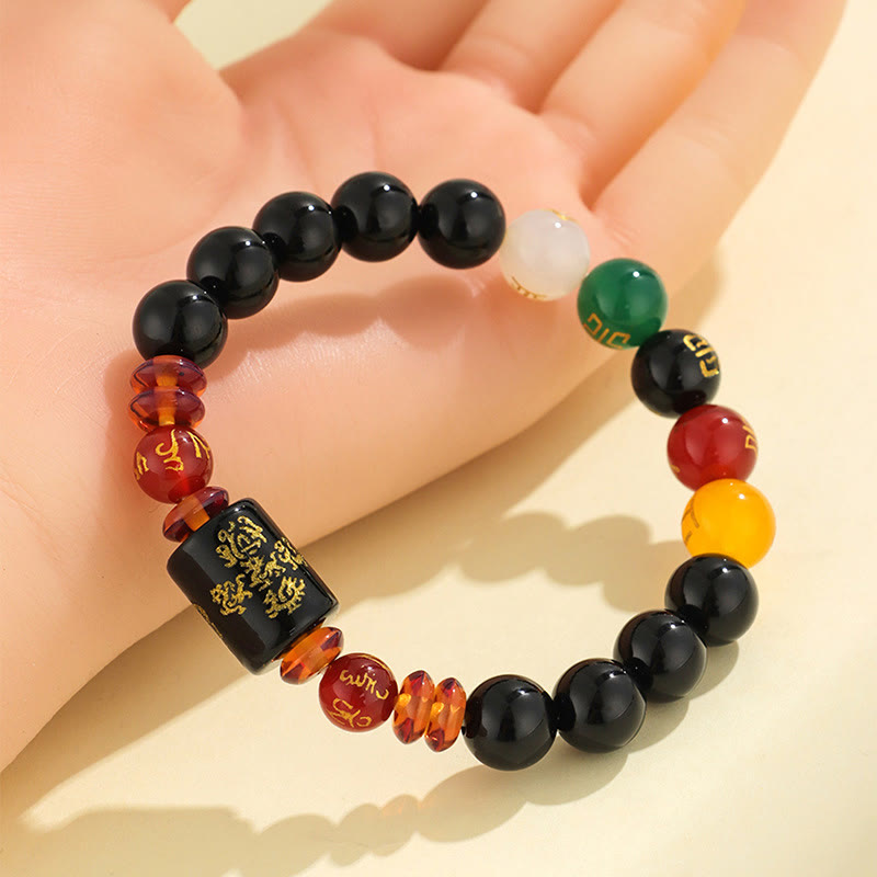 Bracelet de sagesse et de richesse en onyx noir et agate rouge avec cinq éléments de Buddha Stones