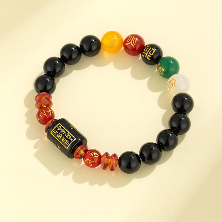 Bracelet de sagesse et de richesse en onyx noir et agate rouge avec cinq éléments de Buddha Stones