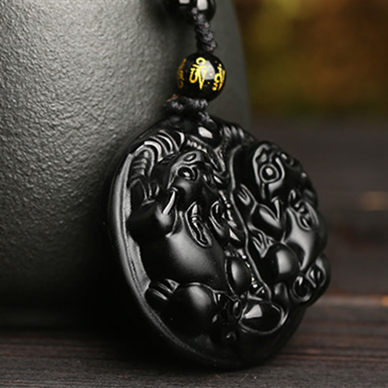 Collier avec pendentif en corde et double perle Pixiu en obsidienne noire et Buddha Stones pour la purification