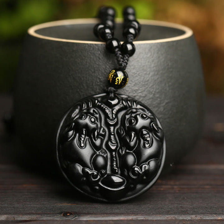 Collier avec pendentif en corde et double perle Pixiu en obsidienne noire et Buddha Stones pour la purification