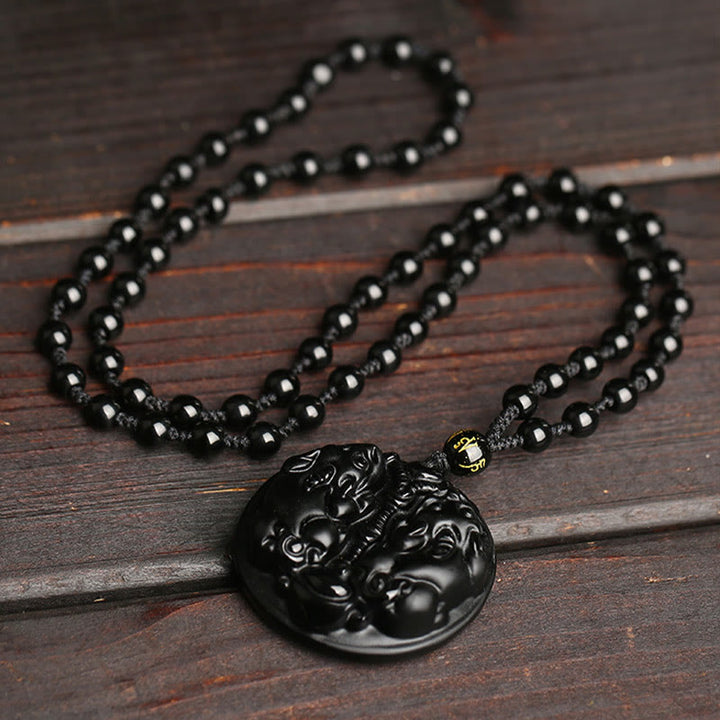 Collier avec pendentif en corde et double perle Pixiu en obsidienne noire et Buddha Stones pour la purification