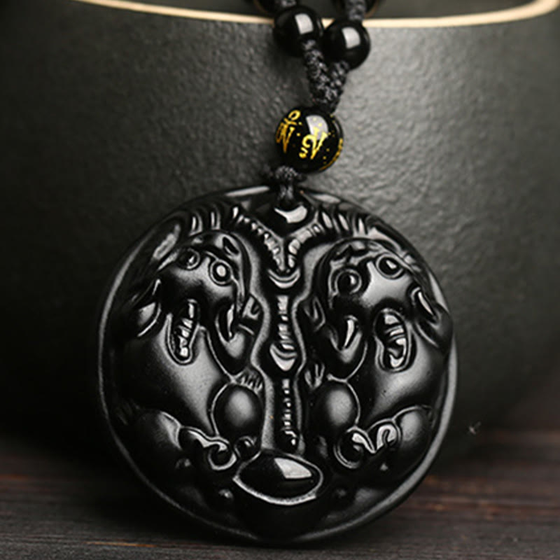 Collier avec pendentif en corde et double perle Pixiu en obsidienne noire et Buddha Stones pour la purification