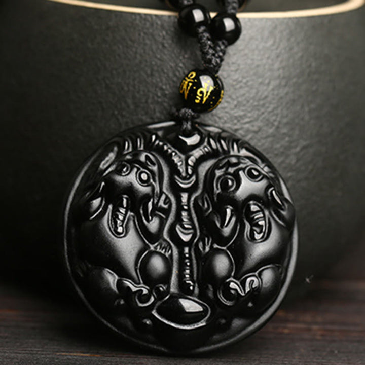Collier avec pendentif en corde et double perle Pixiu en obsidienne noire et Buddha Stones pour la purification
