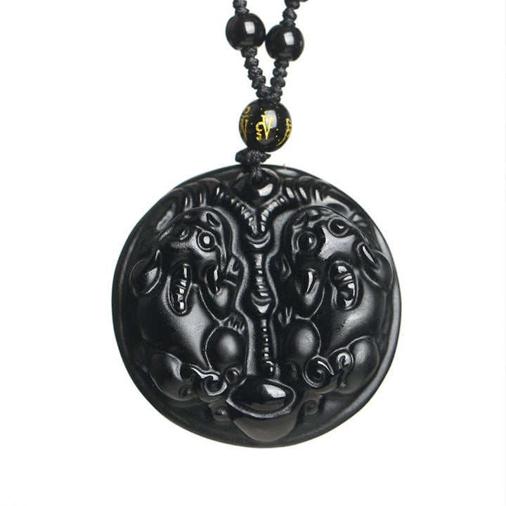 Collier avec pendentif en corde et double perle Pixiu en obsidienne noire et Buddha Stones pour la purification