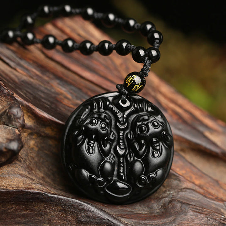 Collier avec pendentif en corde et double perle Pixiu en obsidienne noire et Buddha Stones pour la purification