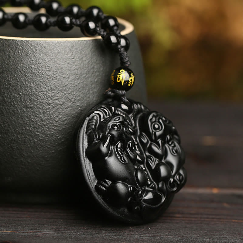 Collier avec pendentif en corde et double perle Pixiu en obsidienne noire et Buddha Stones pour la purification