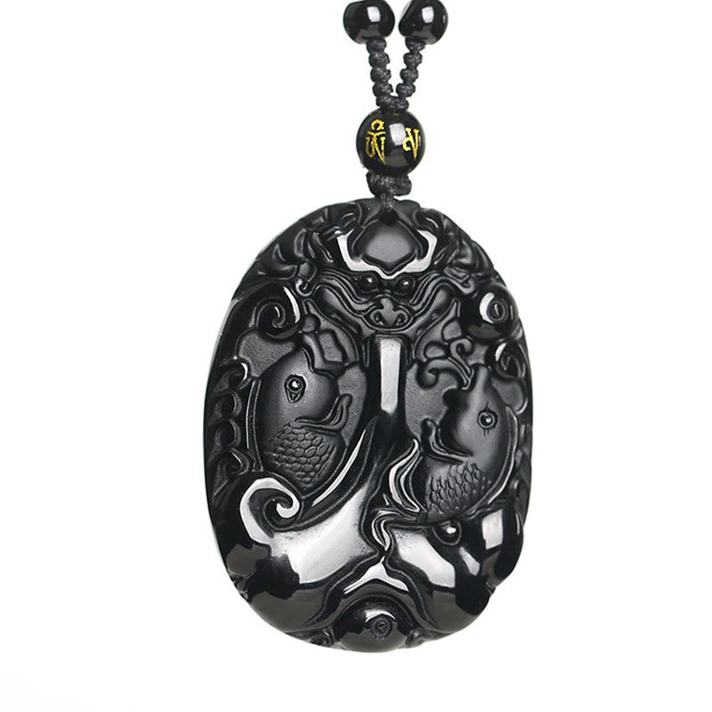 Collier pendentif en corde de perles de poisson Koi en obsidienne noire avec Buddha Stones