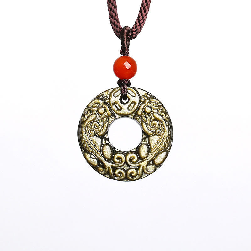 Buddha Stones en obsidienne dorée et brillante avec boucle de paix et pièce de cuivre Pixiu