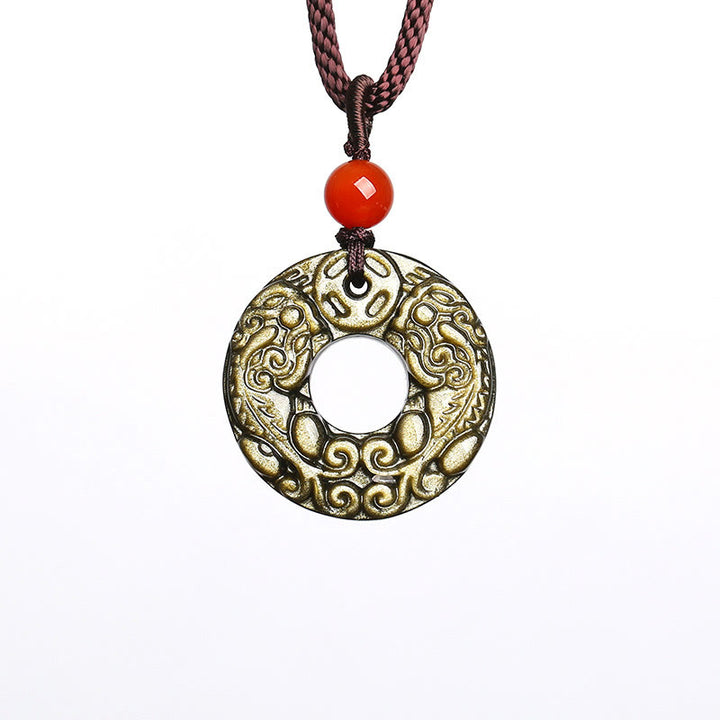 Buddha Stones en obsidienne dorée et brillante avec boucle de paix et pièce de cuivre Pixiu