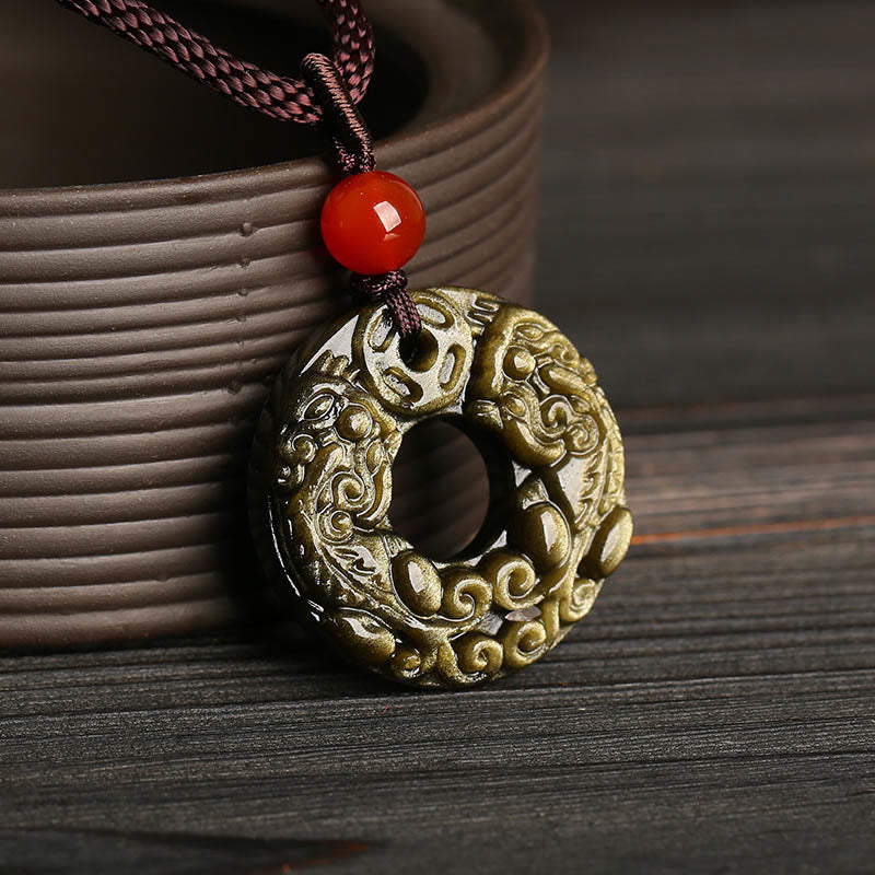 Buddha Stones en obsidienne dorée et brillante avec boucle de paix et pièce de cuivre Pixiu