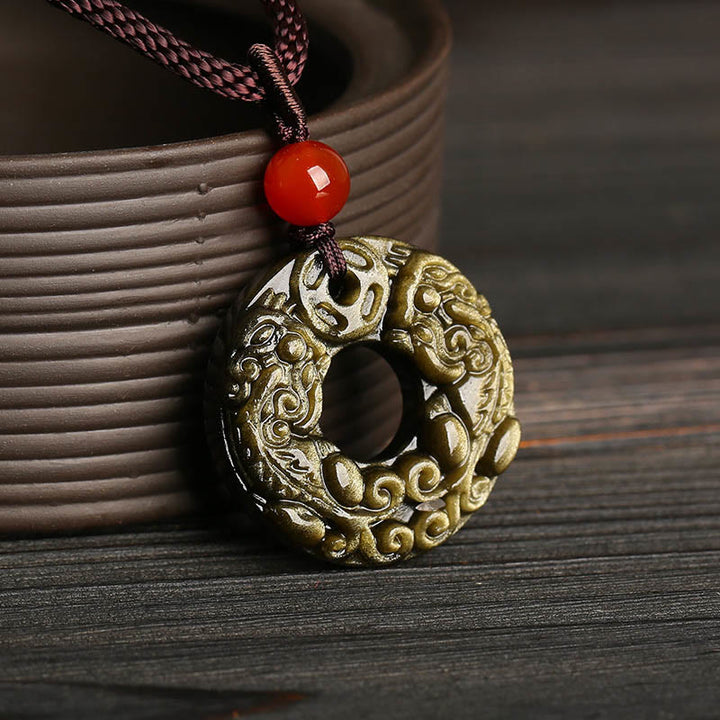 Buddha Stones en obsidienne dorée et brillante avec boucle de paix et pièce de cuivre Pixiu