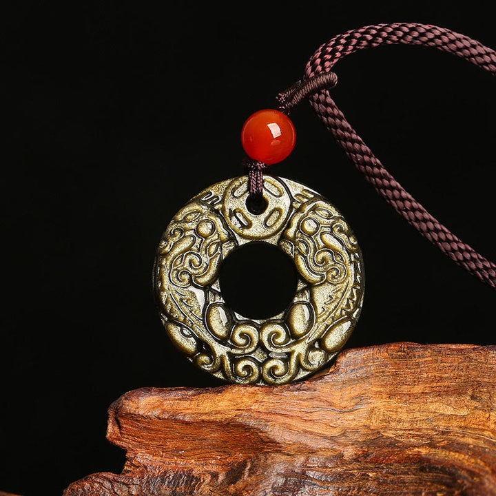 Buddha Stones en obsidienne dorée et brillante avec boucle de paix et pièce de cuivre Pixiu