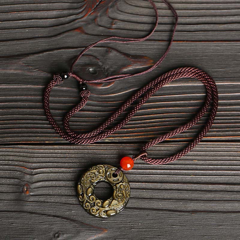 Buddha Stones en obsidienne dorée et brillante avec boucle de paix et pièce de cuivre Pixiu