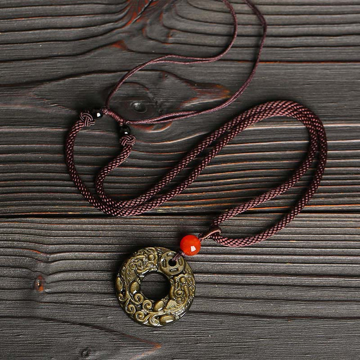 Buddha Stones en obsidienne dorée et brillante avec boucle de paix et pièce de cuivre Pixiu
