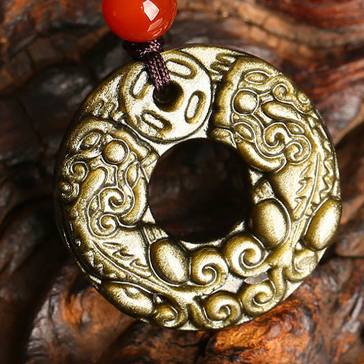 Buddha Stones en obsidienne dorée et brillante avec boucle de paix et pièce de cuivre Pixiu