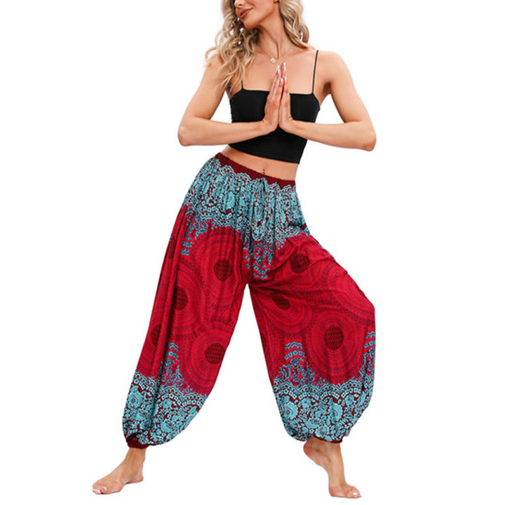 Pantalon de yoga ample à motif de fleurs en forme de cercle avec Buddha Stones pour femme - Rouge (convient aux tailles US4-8/10 ; UK/AU8-12/14 ; EU36-40/42) - image 1