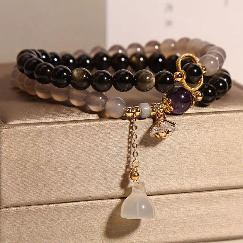 Bracelet double tour renforcé avec breloque en obsidienne grise et agate et lotus en Buddha Stones
