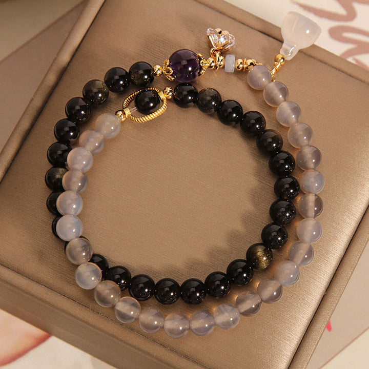 Bracelet double tour renforcé avec breloque en obsidienne grise et agate et lotus en Buddha Stones