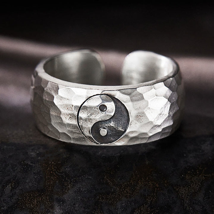 Bague ajustable en argent sterling 999 faite à la main avec Buddha Stones et symbole d'harmonie Yin Yang Bagua - 62,5-65 mm (réglable) - image 0