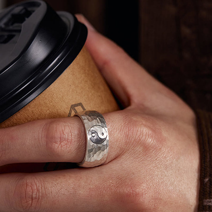 Bague ajustable en argent sterling 999 faite à la main avec Buddha Stones et symbole d'harmonie Yin Yang Bagua - image 3
