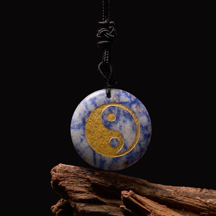 Collier pendentif spirituel Yin Yang en Buddha Stones en cristal varié, améthyste, œil de tigre, aventurine verte