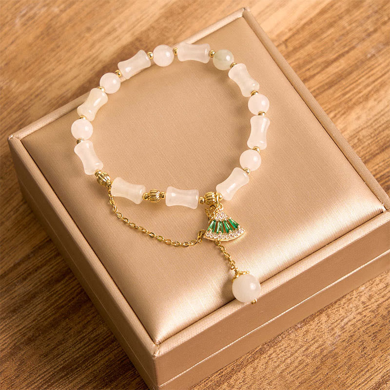 Bracelet de bénédiction porte-bonheur en jade blanc et bambou de Tianshan avec Buddha Stones