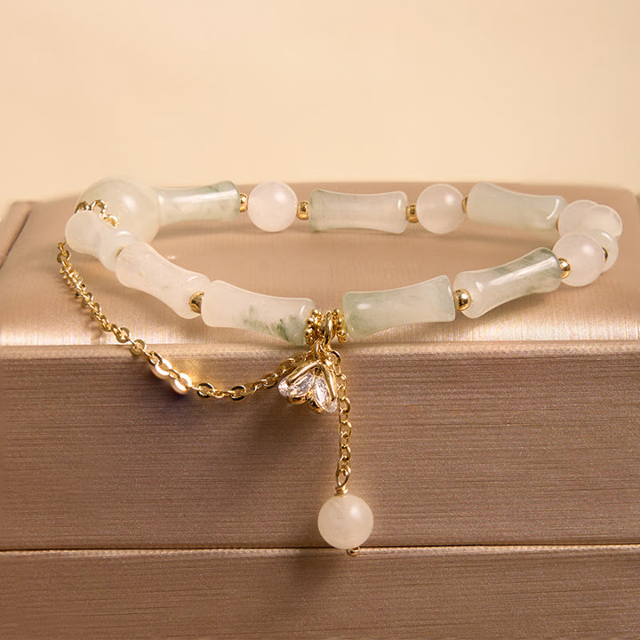 Bracelet de bénédiction porte-bonheur en jade blanc et bambou de Tianshan avec Buddha Stones