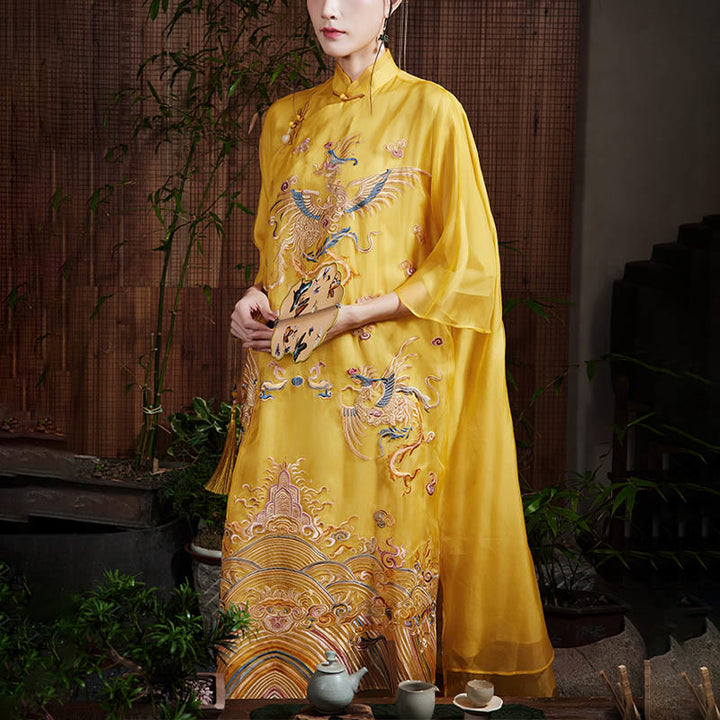 Robe en organza de soie de mûrier 100 % Buddha Stones Robe Qipao Cheongsam brodée de phénix jaune