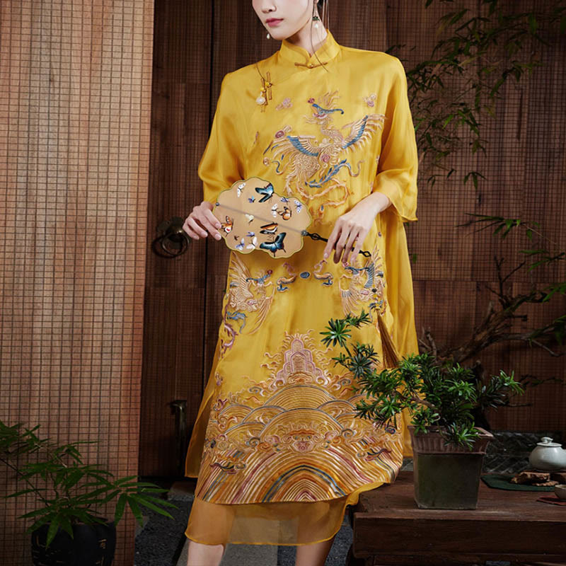 Robe en organza de soie de mûrier 100 % Buddha Stones Robe Qipao Cheongsam brodée de phénix jaune