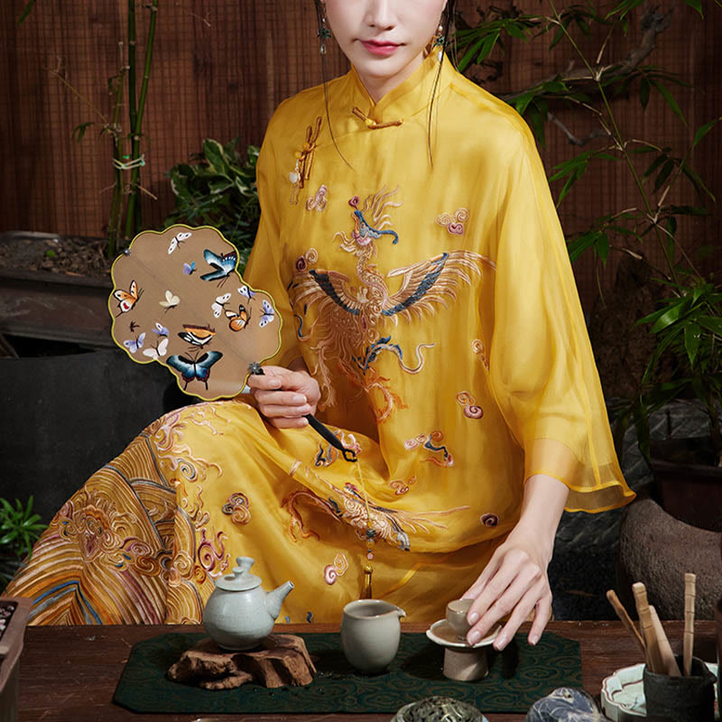 Robe en organza de soie de mûrier 100 % Buddha Stones Robe Qipao Cheongsam brodée de phénix jaune