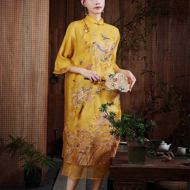 Robe en organza de soie de mûrier 100 % Buddha Stones Robe Qipao Cheongsam brodée de phénix jaune
