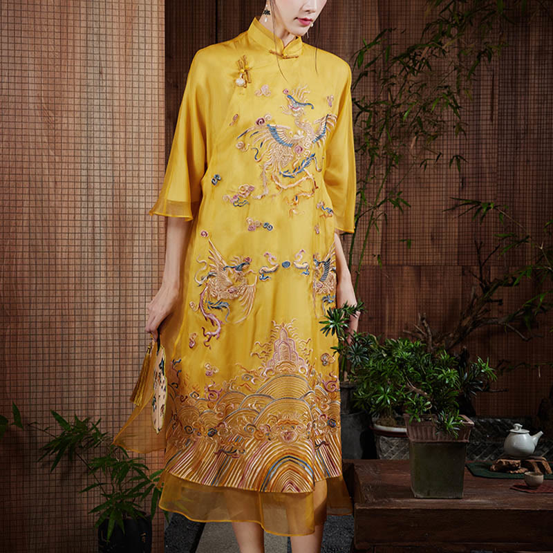 Robe en organza de soie de mûrier 100 % Buddha Stones Robe Qipao Cheongsam brodée de phénix jaune