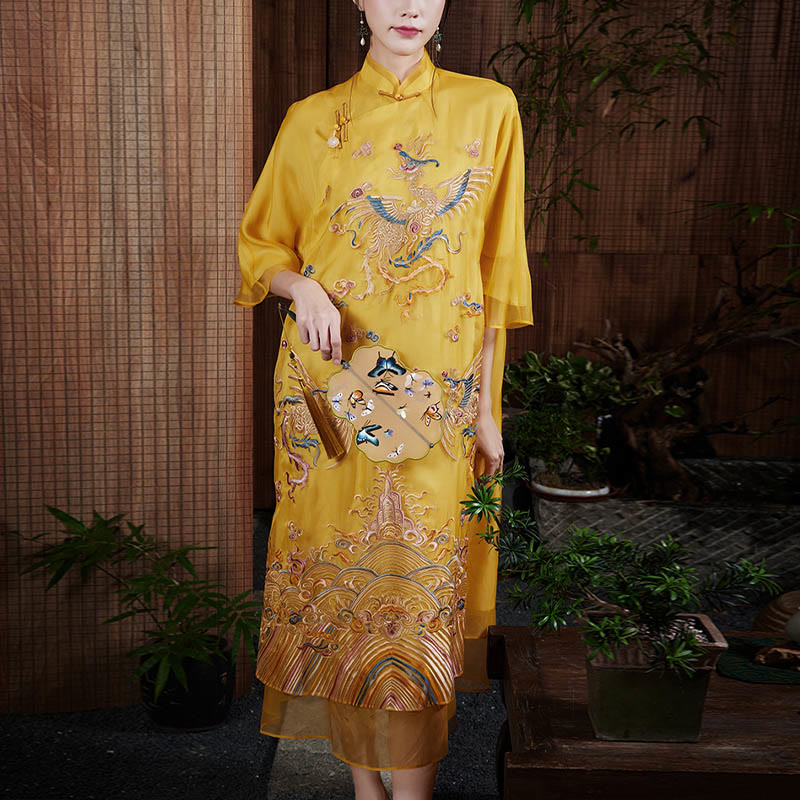 Robe en organza de soie de mûrier 100 % Buddha Stones Robe Qipao Cheongsam brodée de phénix jaune