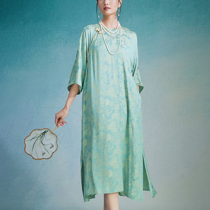 Robe mi-longue en jacquard à petites fleurs et feuilles de Buddha Stones avec poches - Vert - US12，UK/AU16，EU44 (XL) - image 0