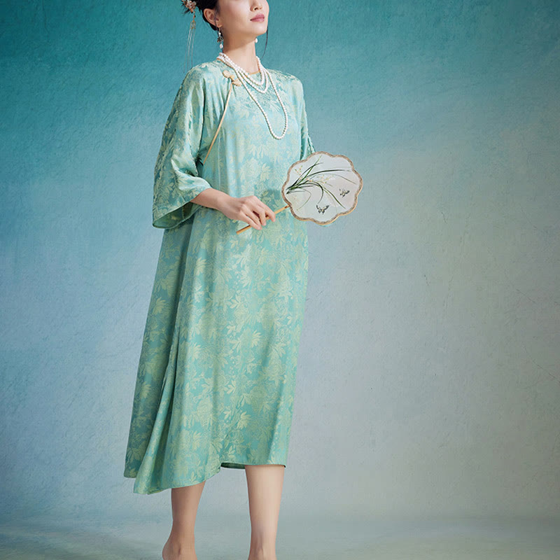 Robe mi-longue en jacquard à petites fleurs et feuilles de Buddha Stones avec poches