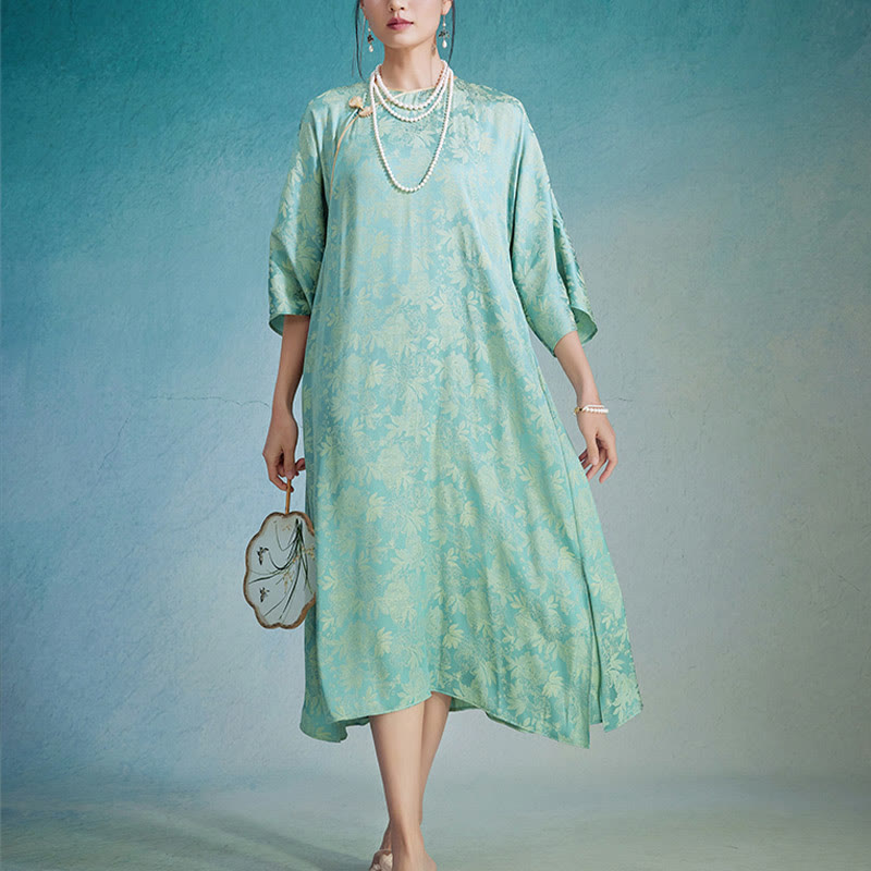 Robe mi-longue en jacquard à petites fleurs et feuilles de Buddha Stones avec poches