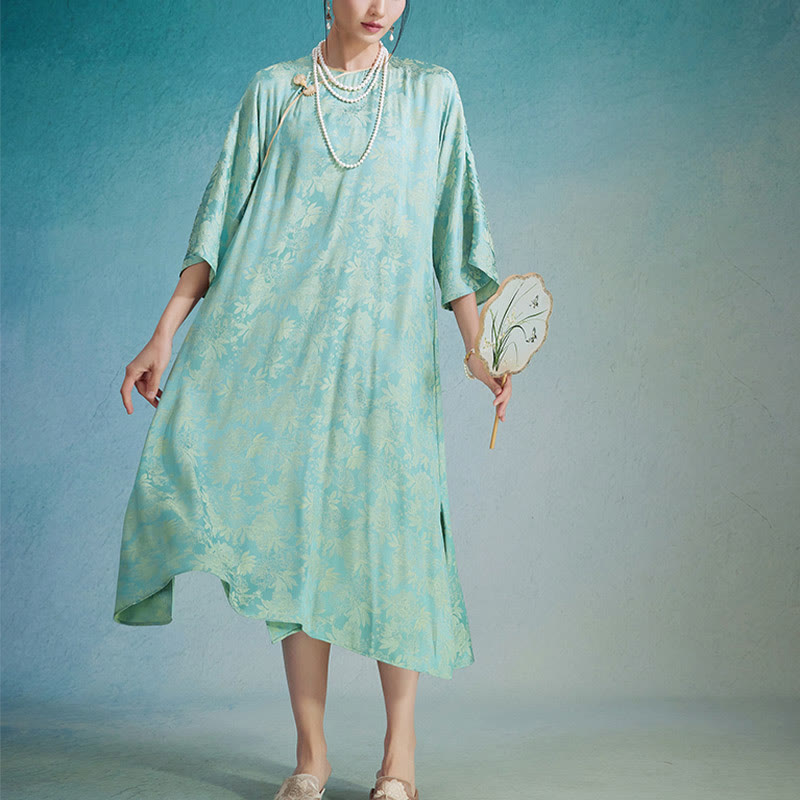 Robe mi-longue en jacquard à petites fleurs et feuilles de Buddha Stones avec poches