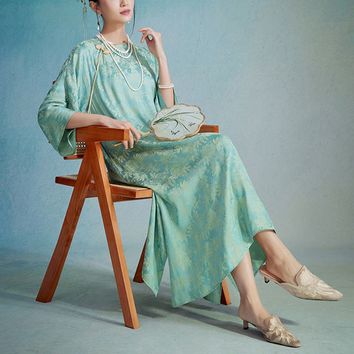Robe mi-longue en jacquard à petites fleurs et feuilles de Buddha Stones avec poches